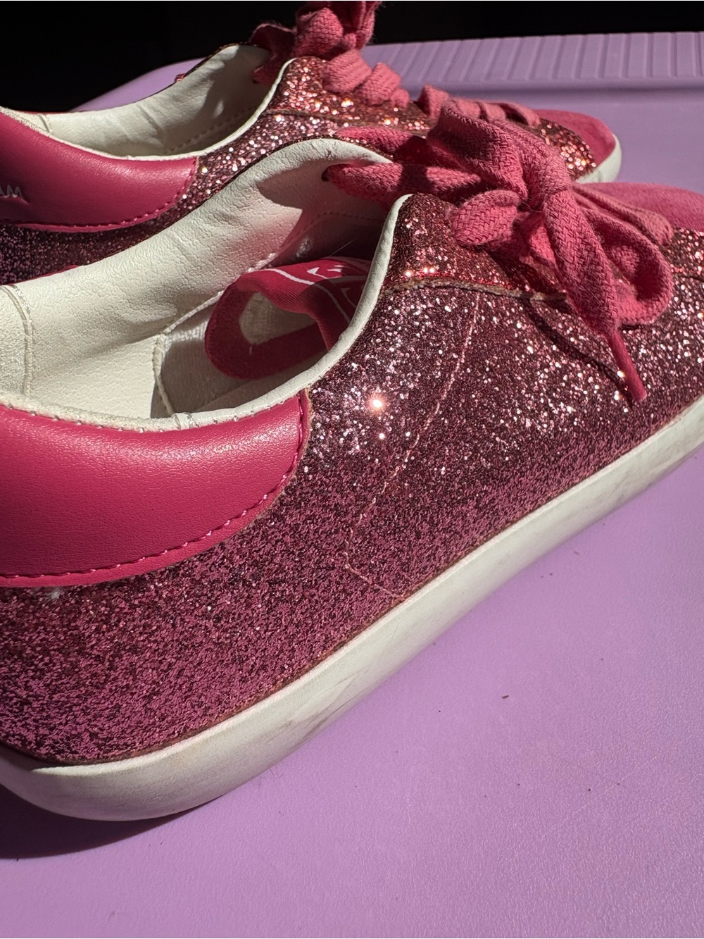 Girls Pink Glitter Lace-Up Sneakers